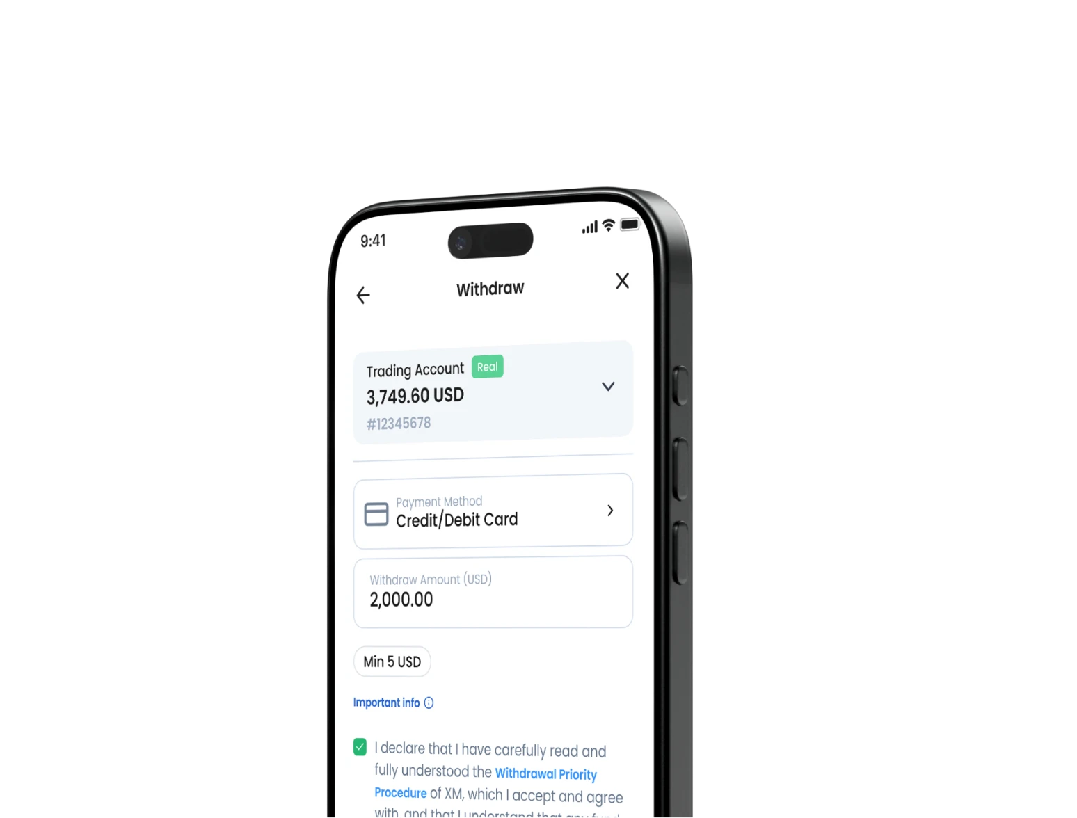 XMTD Trader Pro mobile app withdrawal screen with payment method and amount selection