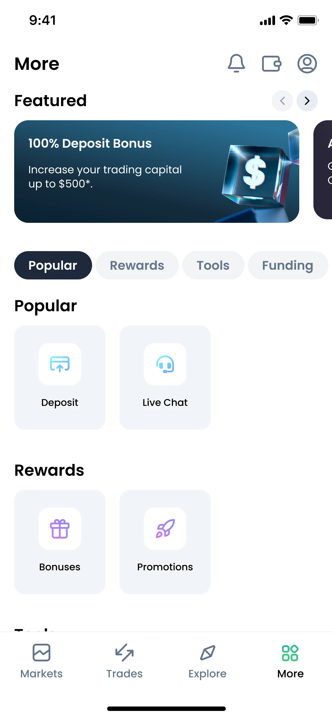 XMTD Trader Pro mobile interface with a featured deposit bonus and quick access to deposit, live chat, and promotions
