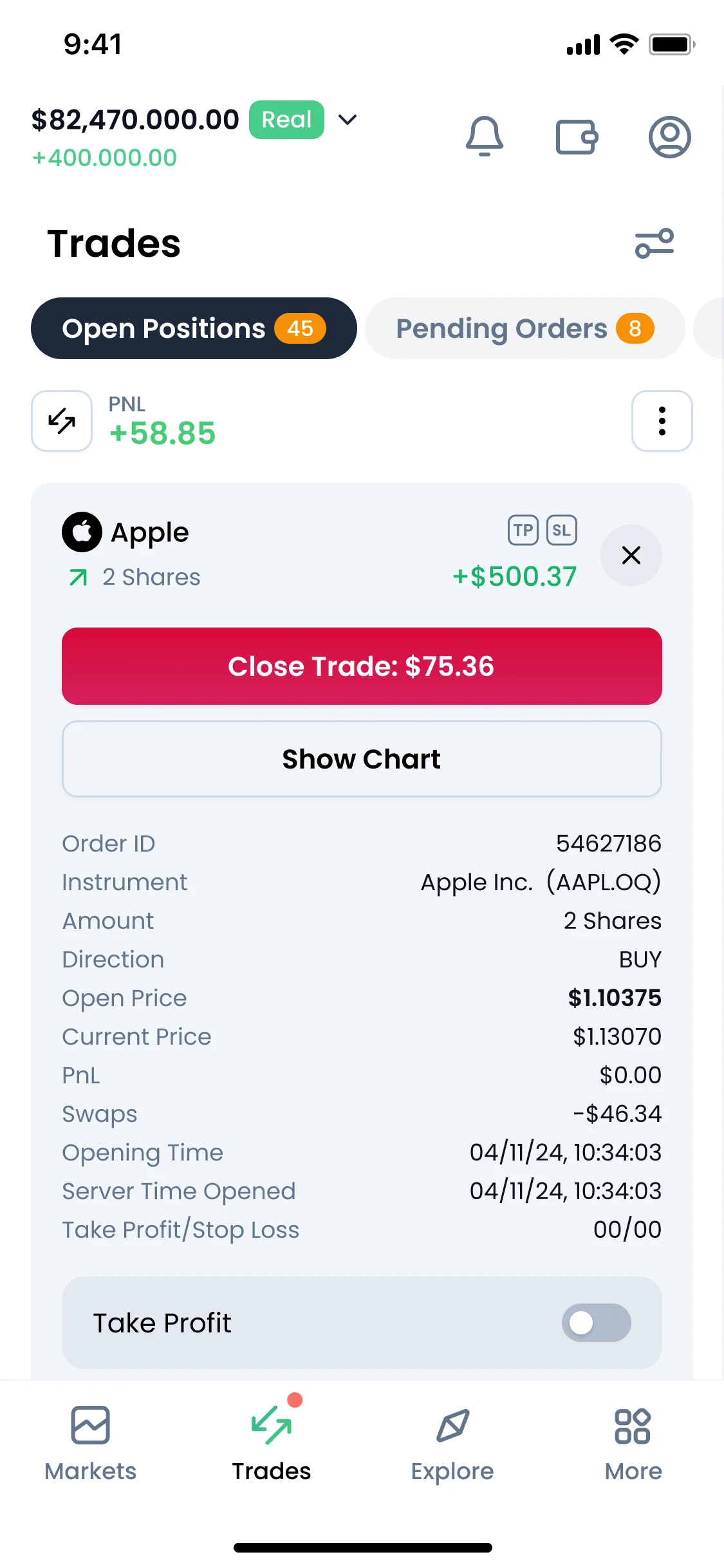XMTD Trader Pro mobile app showing an open trade with profit and loss details and position management options