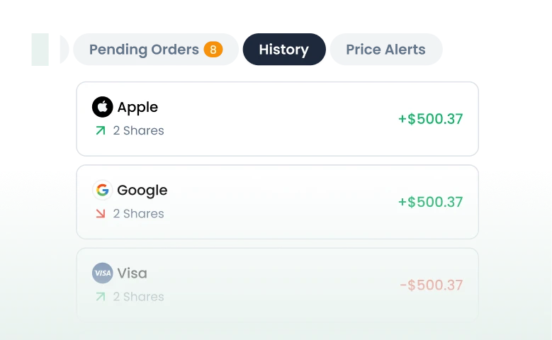 List of trade history cards with tabs for pending orders, history, and price alerts, showing profit or loss values