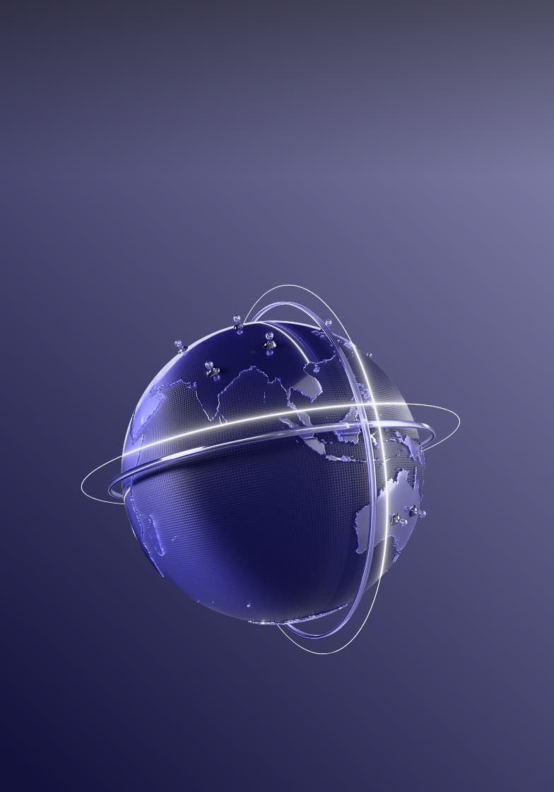 Abstract 3D globe with glowing orbital rings and highlighted world map on a dark background
